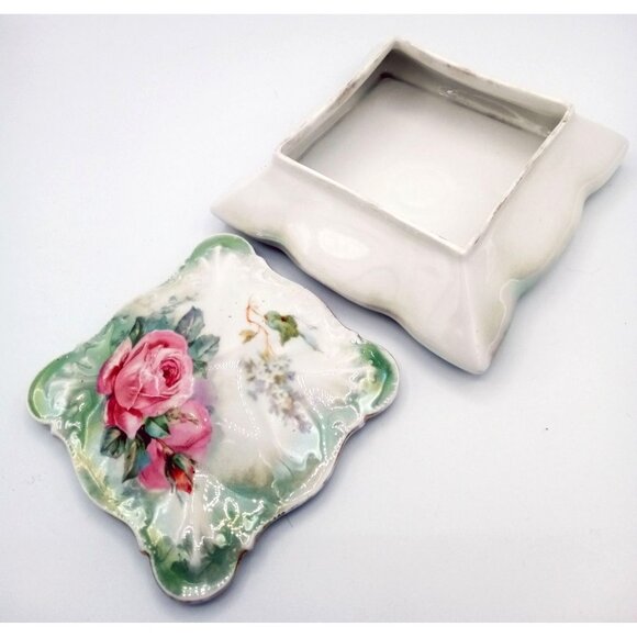 Trinket Box R&S Germany Vintage Pink Roses Green Leaves Jewelry Stamped 5.5 In - Picture 6 of 15